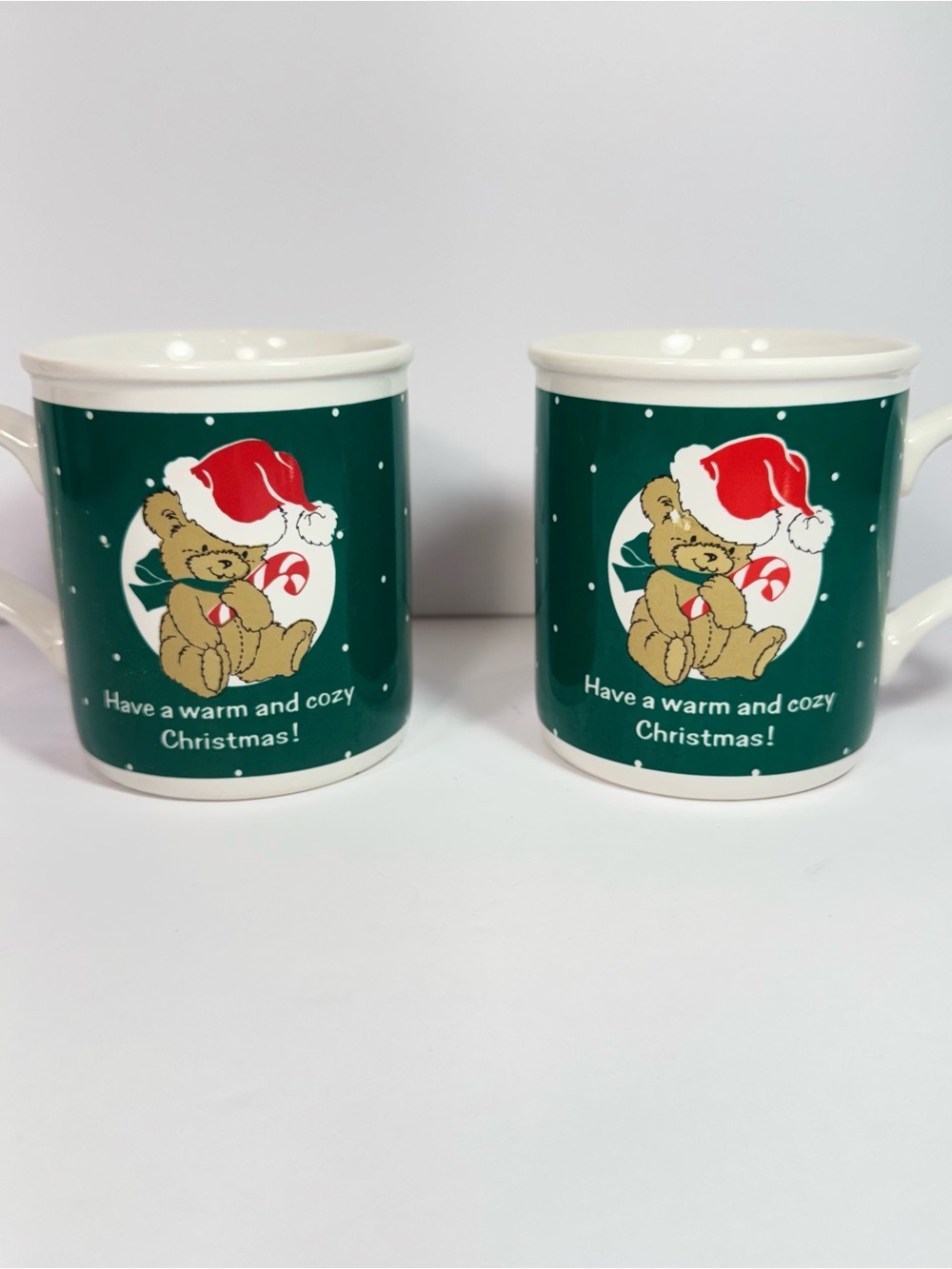 Vintage 1980s Cozy Christmas Bear Mugs set of 2 American Greetings made in korea
